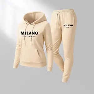 Women’s MILANO city print hoodie and drawstring track pants set; casual sportswear; long-sleeve hooded jacket and pants; suitable for autumn and winter; everyday wear; indoor and outdoor sportswear; tracksuit set; casual sportswear.