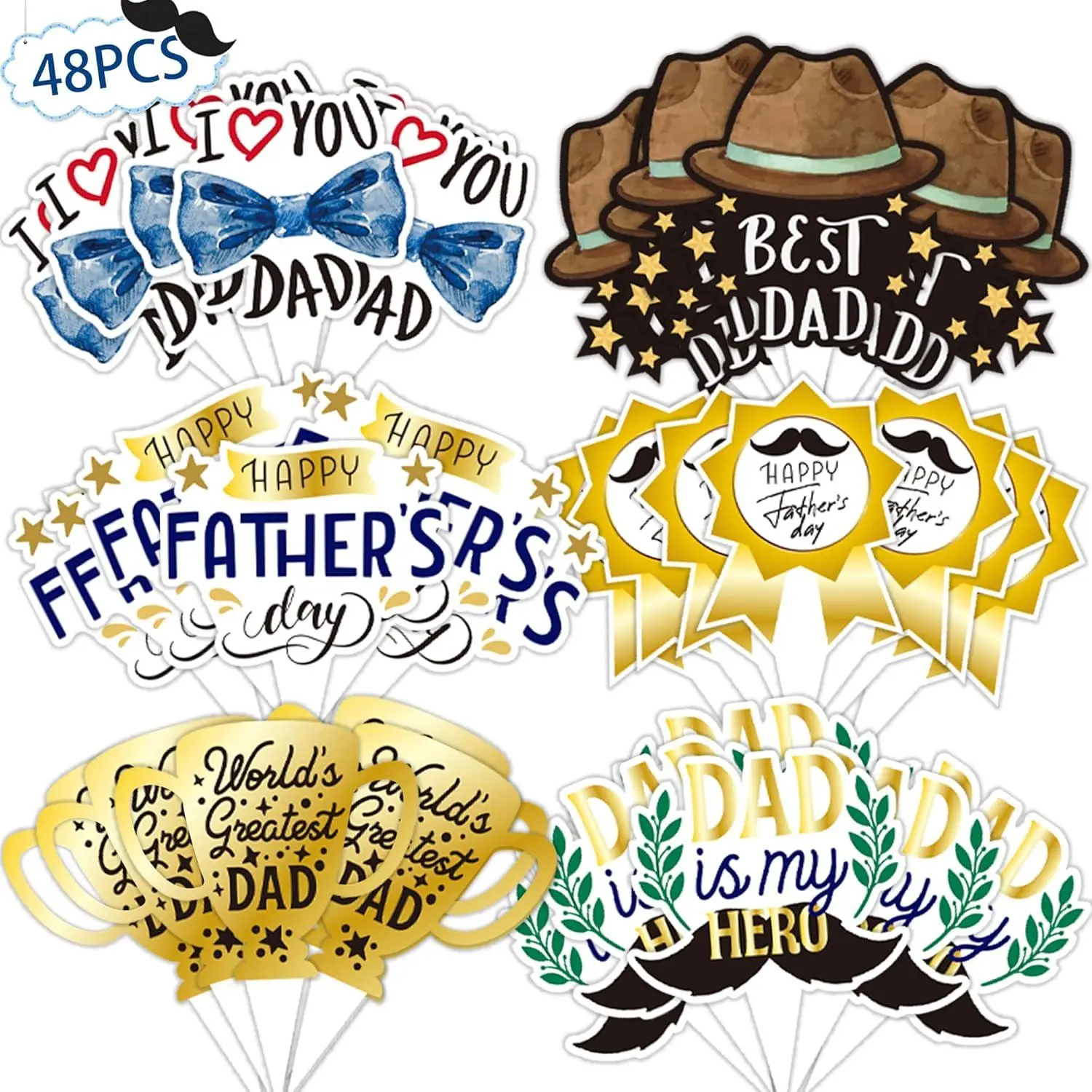 Father's Day Cupcake Toppers 48pcs Happy Fathers Day Cake Toppers I Love My Dad Best Dad Cupcake Picks with Beard Tie Signs for Father's Day Party