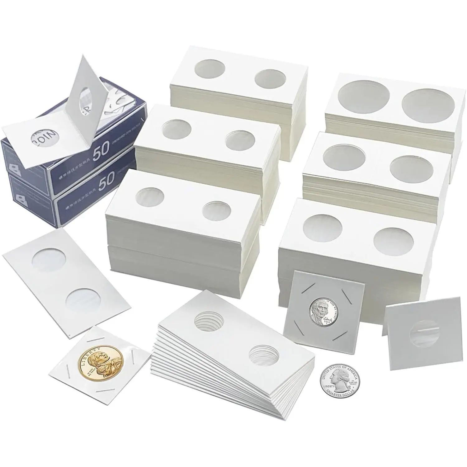 600 Pcs Coin Flips 6 Assorted Sizes 2" x 2" Cardboard Coin Holders Mylar Coin Flips for Colletors Coin Collection Supplies for Dime, Dollars, Penny, Quarter, Nickels Collecting