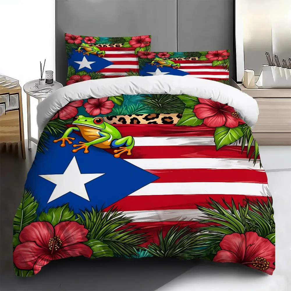 Three-piece theme bedding set - 2D Flat Puerto Rican frog floral pattern duvet cover set (1 duvet cover + 1/2 pillowcases, no insert), multi-color printed Bedding Set, Comfy bedding set, suitable for family bedrooms and guest rooms