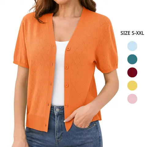 VIISHOW Women's Slimming Stretchy Crochet Knit Bolero Shrug - Short Sleeve, Lightweight Summer Top, Button-Down Open Front V-Neck Cropped Knitwear