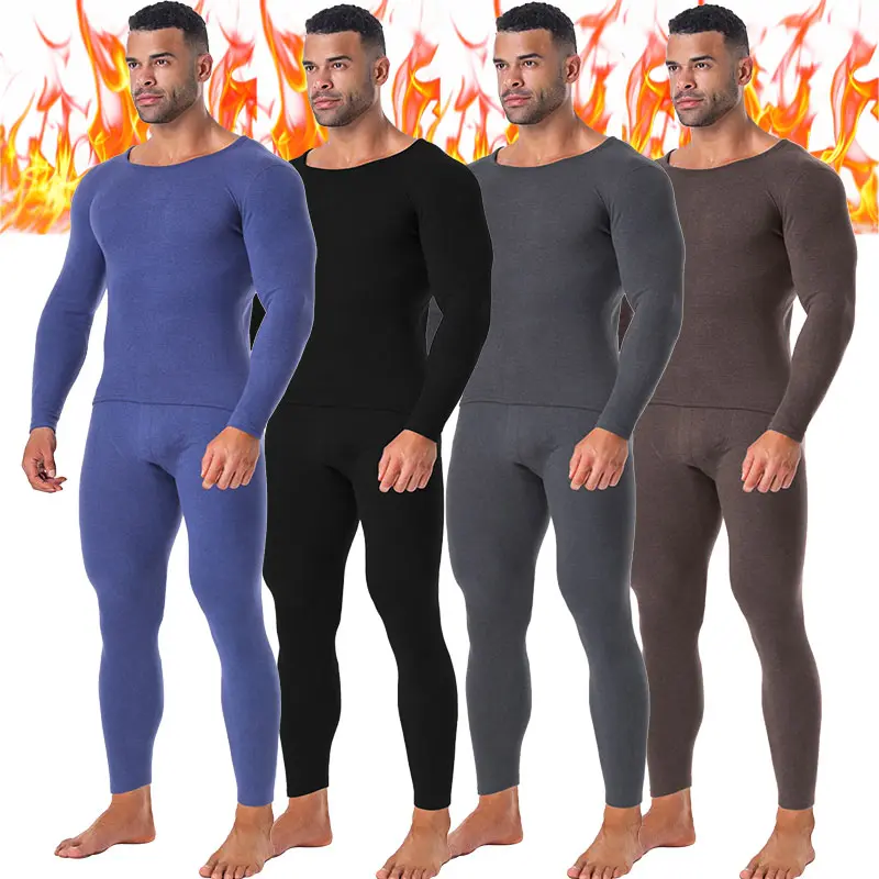 Men's 2-Piece Fleece Lined Thermal Underwear Set - Round Neck Warm Base Layer for Cold Weather, Menswear, Thermal Menswear, Minimalist, Foldable, Elegant, Solid, Modest, Retro, Basics, Tops