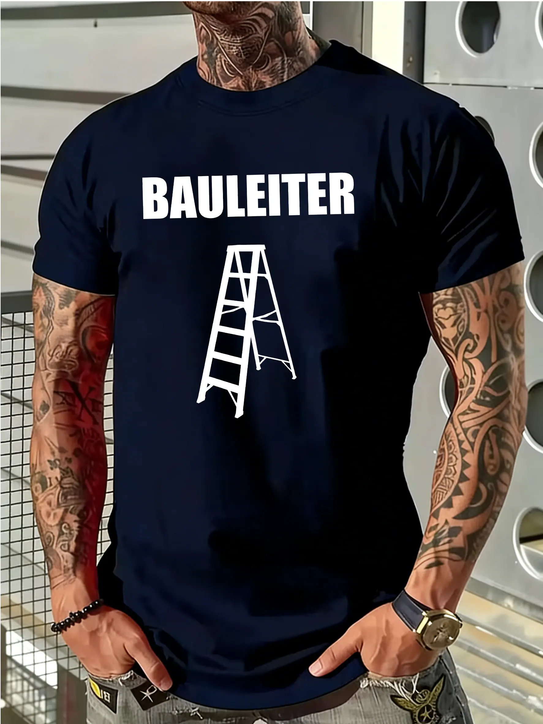 Selected Men's Summer T-Shirts That Are Comfortable, Breathable, And Quick-Drying. The "BAULEITER" Adult T-Shirt Features a German Construction Site Supervisor Theme, Complete with a Ladder Sihouette Print
