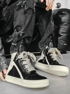2-Color American High-Street Thick-Sole High-Top Athletic Shoes, Sneaker, Trainer (39-44 Sizing) - Patchwork Texture Upper + Light Elastic Thick Sole + Side Zipper Design, For Trendy Street Style & Casual Outfits, Comfortable, Easy To Put On, Footwear