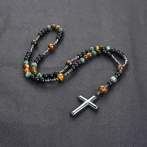 Vintage Classic 8Mm Round Bead Cross Pendant Necklace for Men And Women, a Birthday Gift