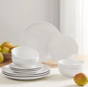 Glazed White Stoneware Dinnerware Set - 12-Pieces Bowl Ceramic