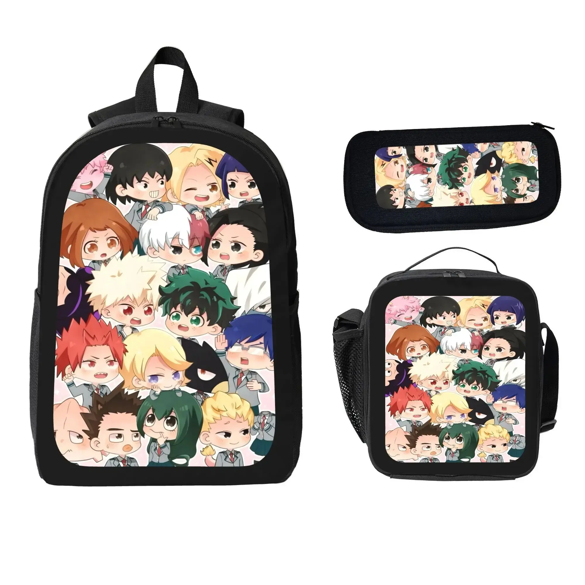 MHA School Bookbag My Hero Academia Backpack Set 3-Piece with Insulated Lunch Bag & Pencil Case, Anime Back to School Essentials for Boys & Kids