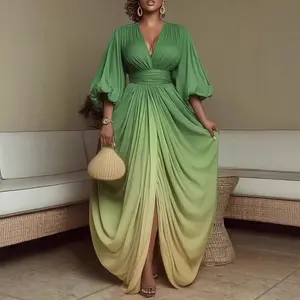 Women's 2026 Gradient Half Sleeve Spring Dress - V-Neck, Printed, Pleated, Loose Slimming Flared Mini, Elegant Women's Clothes for Party, Spring Wedding Guest, Casual Wear