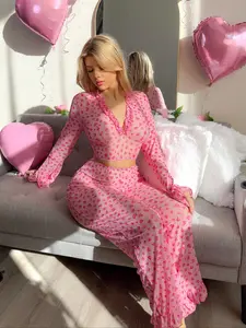 Women's Sexy Heart Pattern Pajama Set, Pjs, Long Sleeve & Pants, Fitted Style, Natural Waist, All Seasons Loungewear Sleepwear