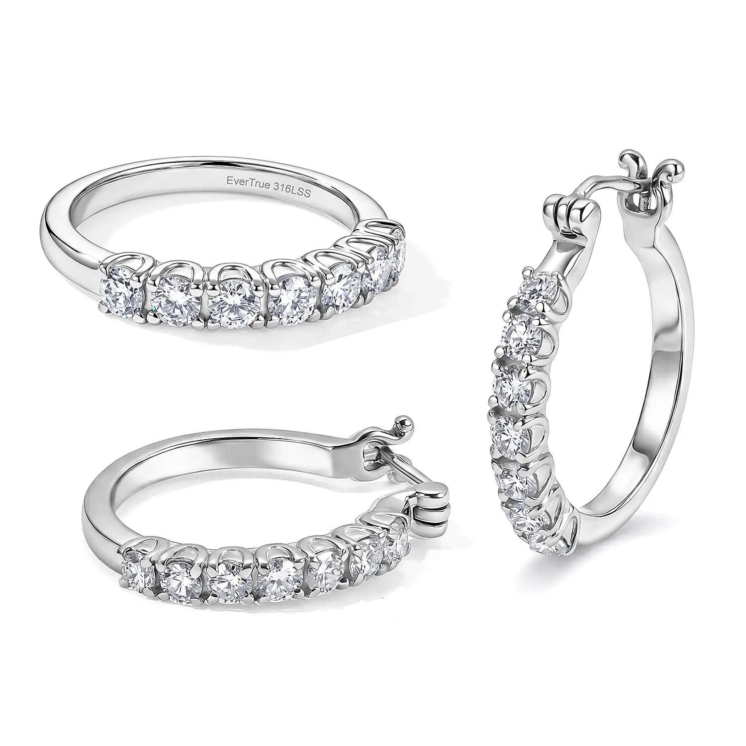 EverTrue Moissanite Hoop Earrings and Ring (Size 5.00) in Stainless Steel 2.15 ctw