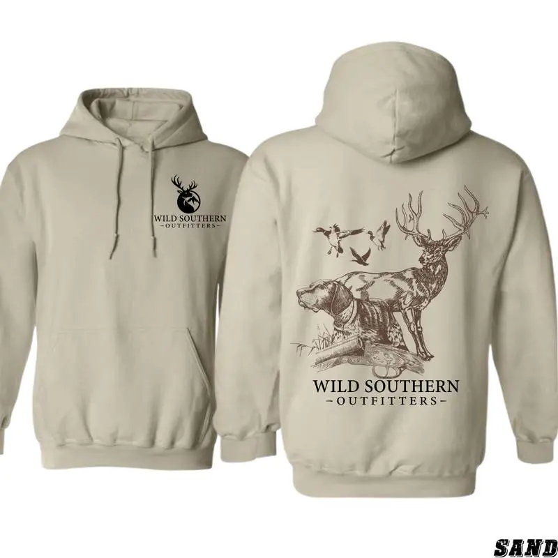 Wild Southern Outfitters Hunting Hoodie Tops - Camo Outdoor Deer and Dog Art T-Shirt Sweatshirt, Unisex Retro Streetwear Fall Winter Cozy Pullover, Duck Hunting Season Outfit Gift - KitchenEra