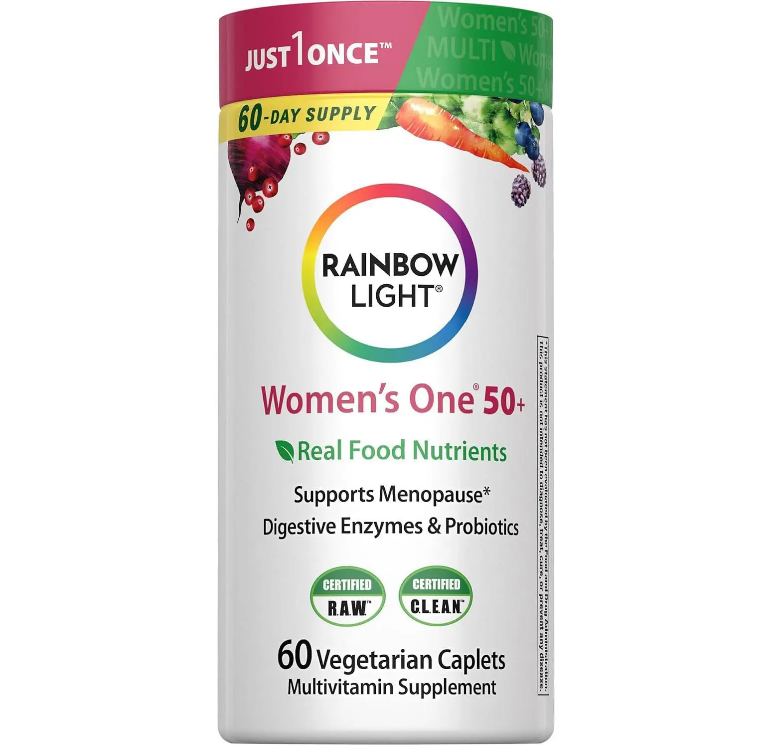 Rainbow Light Womens One + Multivitamin 50 Plus | 60 Caplets | Supports Menopause | Real Food Nutrients, Digestive Enzymes & Probiotics