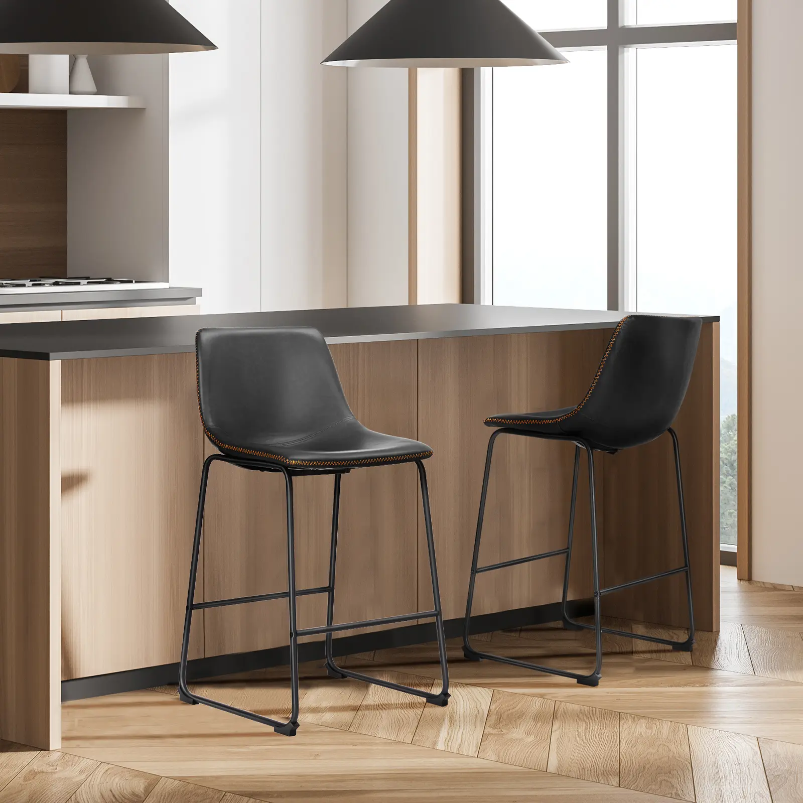 2 Pack Industrial Style Modern Armless PU Leather Bar Stools with Fixed Back, Metal Legs, Footrest - Multi-Size Durable Indoor Furniture, Assembly Required for Home Office, Kitchen Island