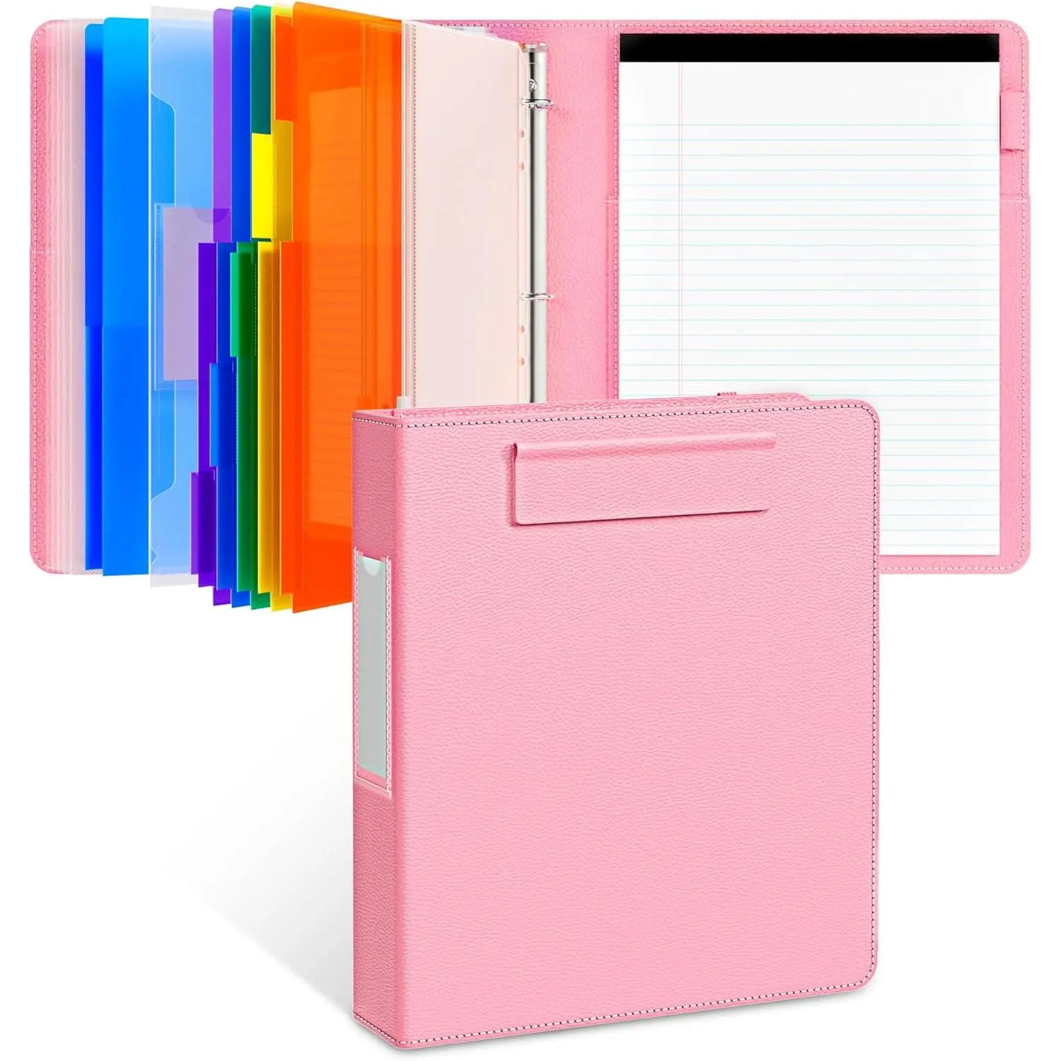 Pu Leather 3-Ring Binder Block Clipboard with Storage, 12.4"x10.2"x2" Folder with 5 Expandable Folders, 11"x8.5" Refillable Lined Notepad, High Visibility of Sheet Protectors, Ideal for Office, Birthday Gift Option (Pink)