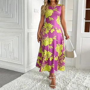 Women's Elegant Floral Print Sleeveless Dress - Round Neck Sleeveless Dress - Stretch Fabric - Machine Washable - Suitable for All Seasons - Designer Floral Sleeveless Dress - Elegant and Fashionable - Suitable for Adults