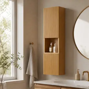 59-Inch Tall Golden Oak Woodgrain Plywood Wall Mounted Cabinet - Narrow Flat-Pack & Upright Wall Cabinet with Doors, Shelves, for Small Spaces, Bathroom, Living Room, Multiple Size & Color Options Available, Flat-Pack Wall Cabinets, Upright Wall Cabinets