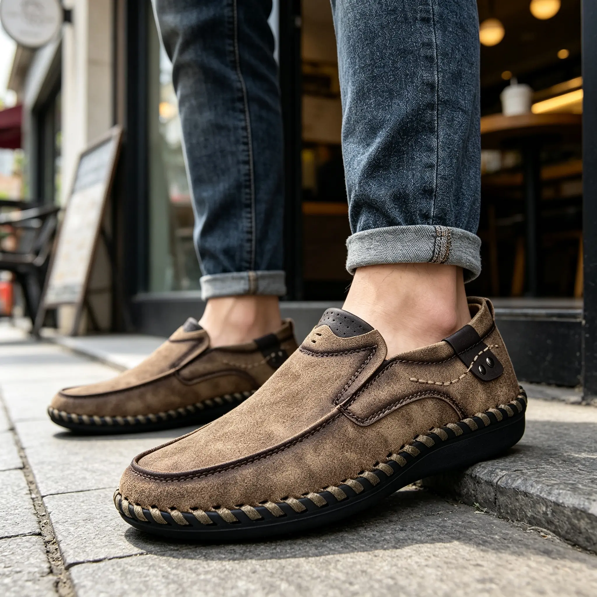 Men's Handmade Breathable Leather Slip-On Loafers, Round Toe, Flat, Rubber Sole, Soft Cushion Insole, Casual Walking Shoes for Business & Daily Use