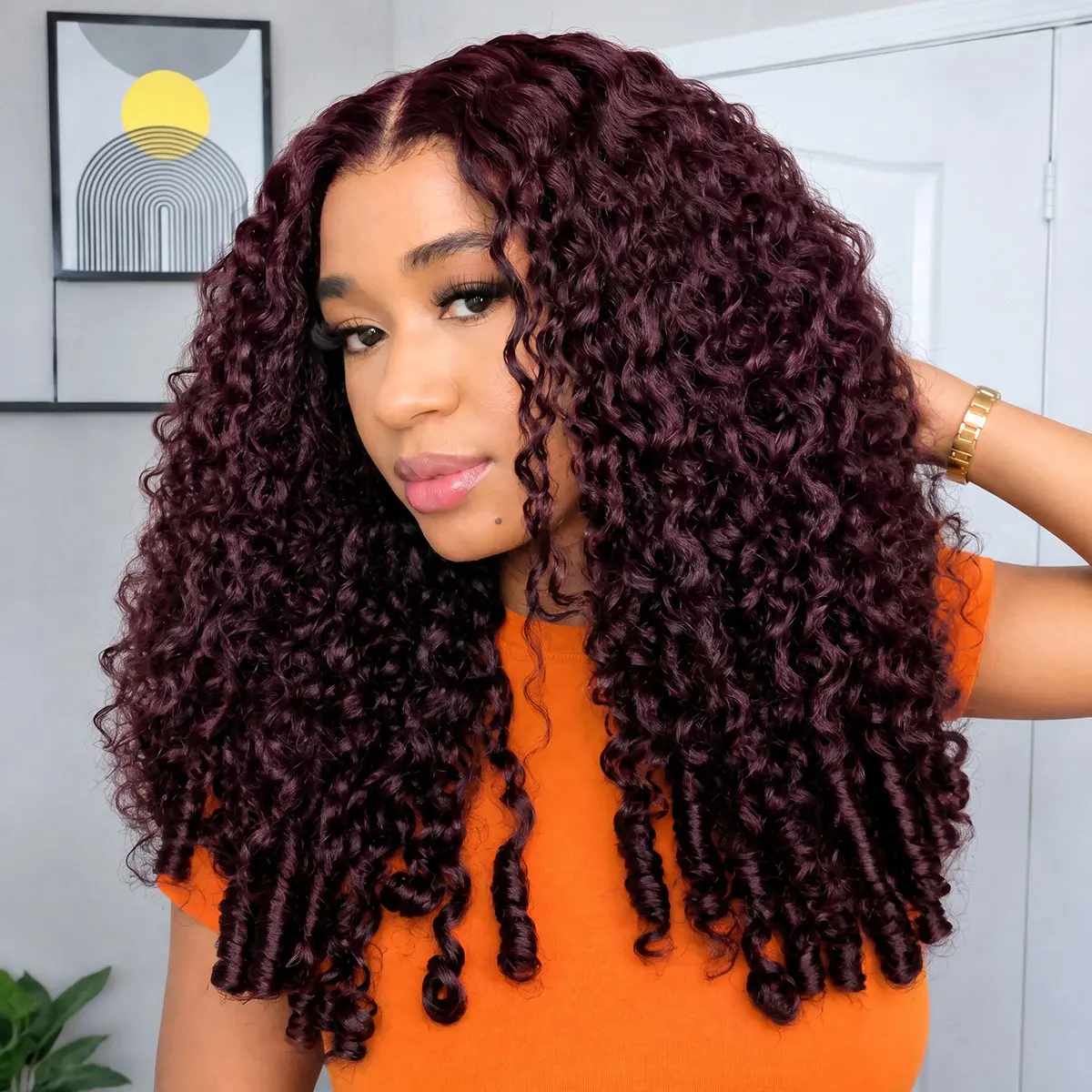 OQ HAIR Glueless Blackcurrant Brunette Burmese Curly Wig with Drawstring Pre-cut 13x6 Lace Frontal Human Hair Wigs Beginners Friendly Summer Wig