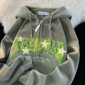 Y2k Hoodie, Star Zip Hoodie, Corduroy, OversizedStreetwear, Vintage Pattern, Sweatshirt, LooseJacket