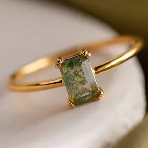 Ring  necklace  watch  scarf 1pc Rectangle Natural Moss Agate Ring Promise Ring for Women Girlfriend EngaSynthetic Gemstoneent Birthday Gift Daily Jewelry Gifts (Natural Stone Color Is Random)