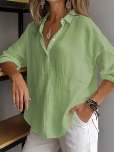 Elegant Classic Cotton Linen Button Front 3/4 Sleeve Shirt, Fashionable Daily Wear and Office, Plus Size Women's Blouse, Lady