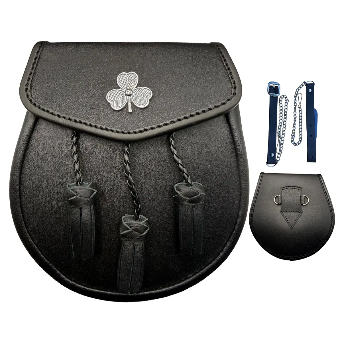 Men's Black Leather Sporran - Traditional Kilt Fashion Accessory with Shamrock Badge, 3-Tassel Design, Brand New, Free Sporran Chain, Great Value for Money, Customer Satisfaction Guarantee, Accessories, Male, Genuine Leather, Includes Chain, Clothes, Leat