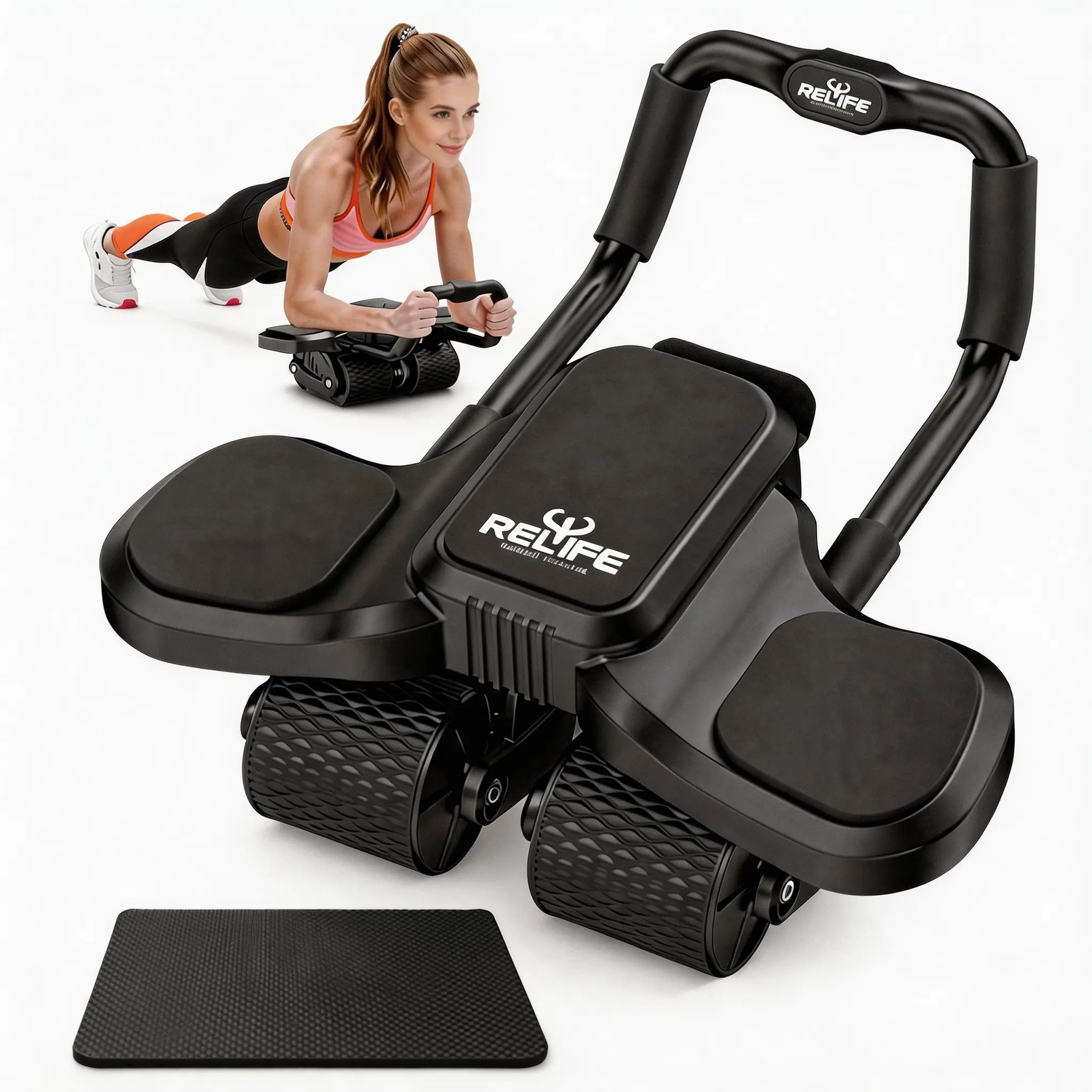 RELIFE REBUILD YOUR LIFE 4-Wheel Ab Roller with Elbow Support & Knee Mat, Automatic Rebound, Anti-Slip Core Training Equipment for Abs Workout