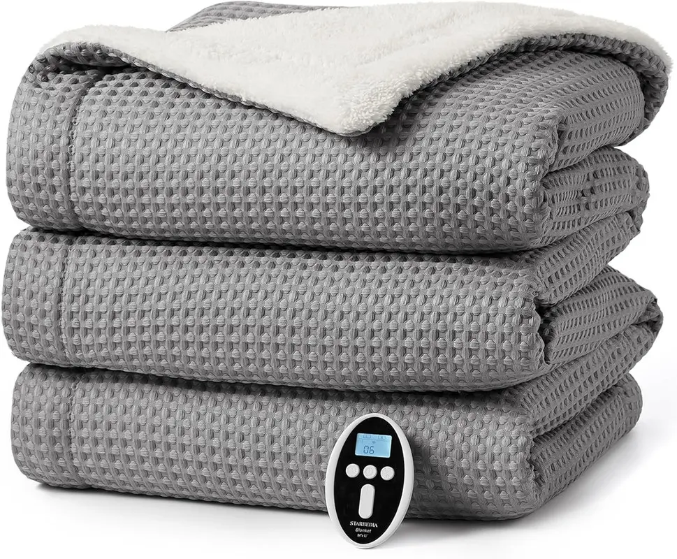 【Christmas Gift】84" x 90" Grey Waffle Heated Throw Blanket,Machine Washable Electric Blankets Fast Heating with LCD Controller,6 Heat Levels & 2-10H Time Settings,Heat Throw for Couch.