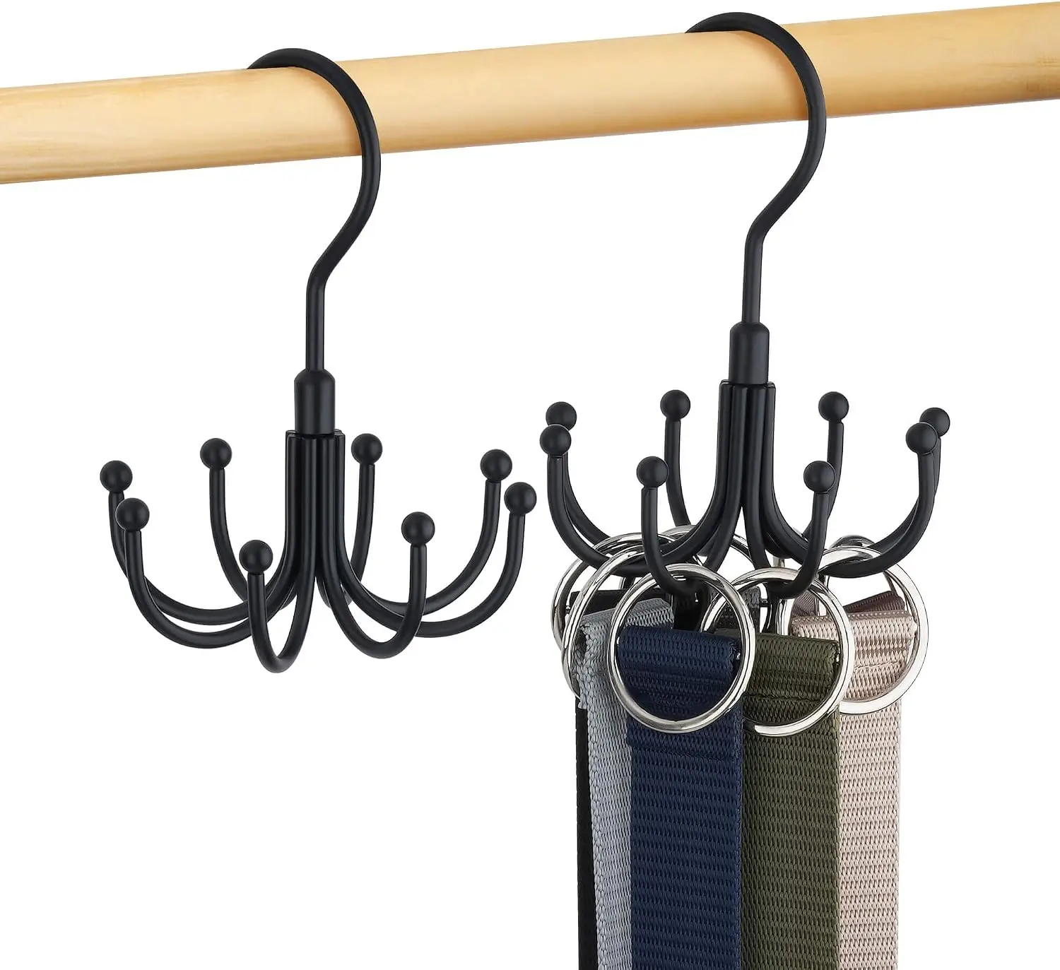 Belt Hanger, Rotatable Belt Organizer Rack for Closet Sturdy Max 48 Belts Storage with 16 Hooks, Hanging Space Saving Closet Organizers for Belts Holder, Black