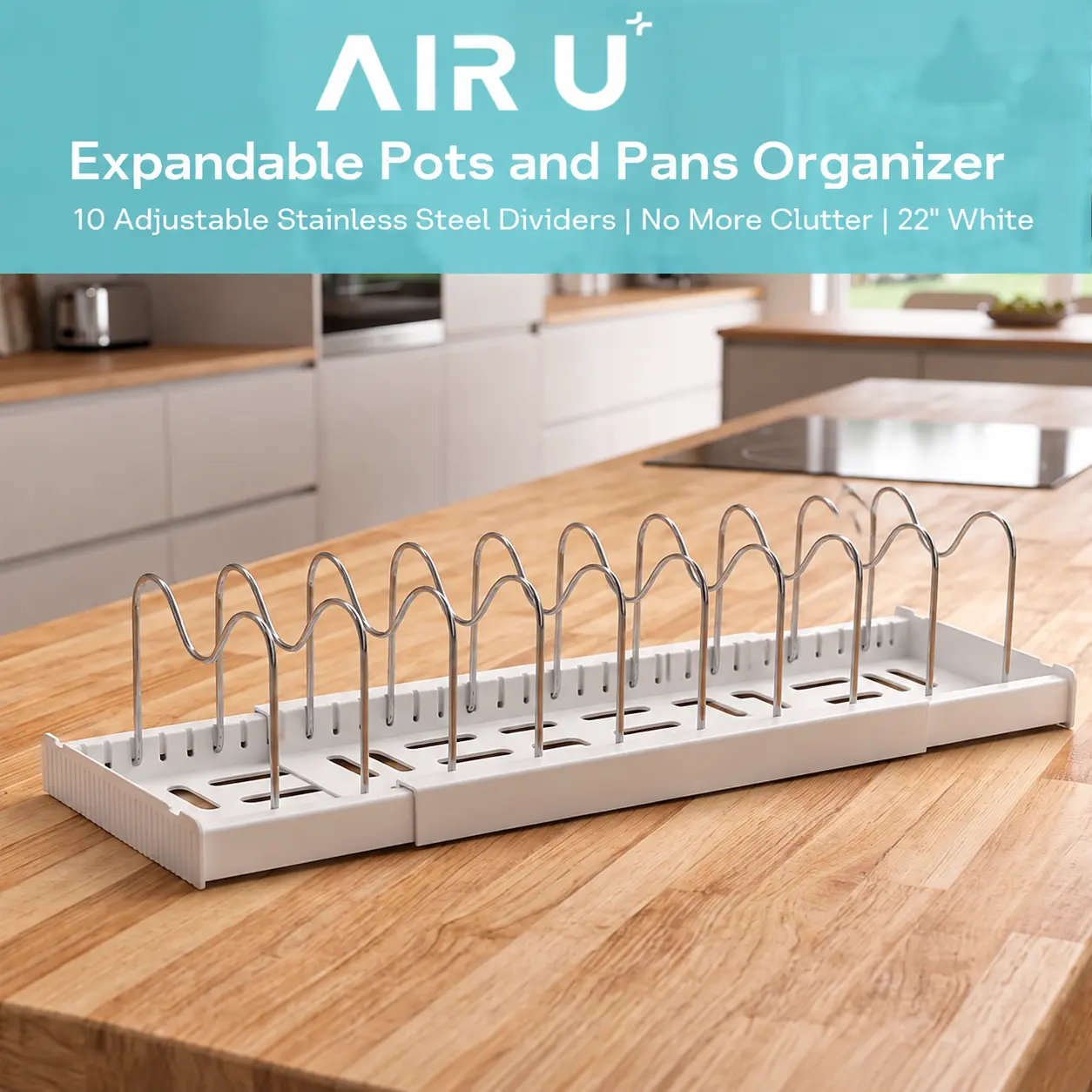 AIR U Expandable Kitchen Storage Organizer Rack, 10 Adjustable Stainless Steel Dividers for Under-Cabinet, Countertop Use, 22" White Lid Storage Solution for Pots and Pans