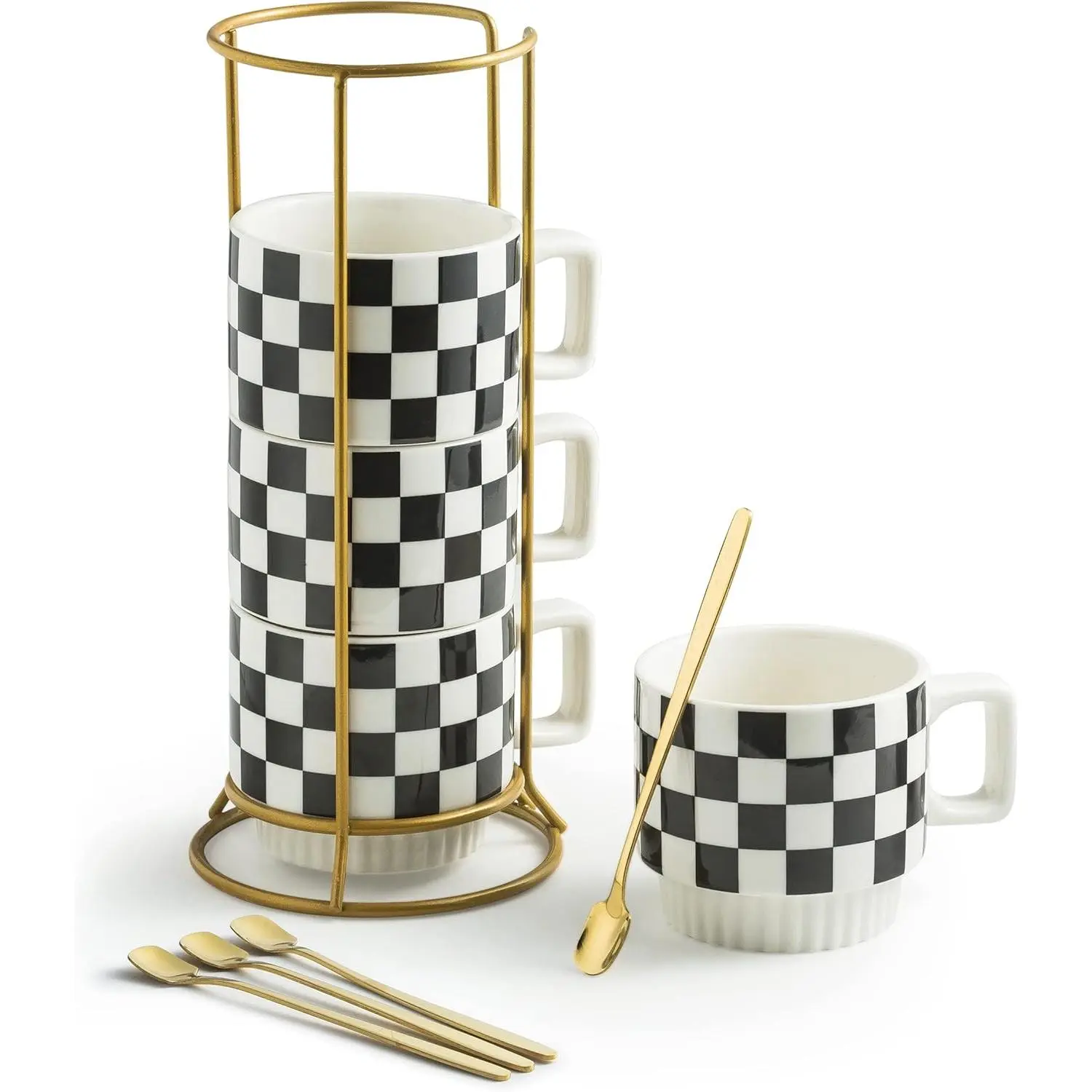 Stackable Coffee Mug Set of 4 with Rack 11 oz  Cup Set with Little Spoon for Coffee  Cocoa Milk, Checkered Black and White  Coffee Mug for Housewarming
