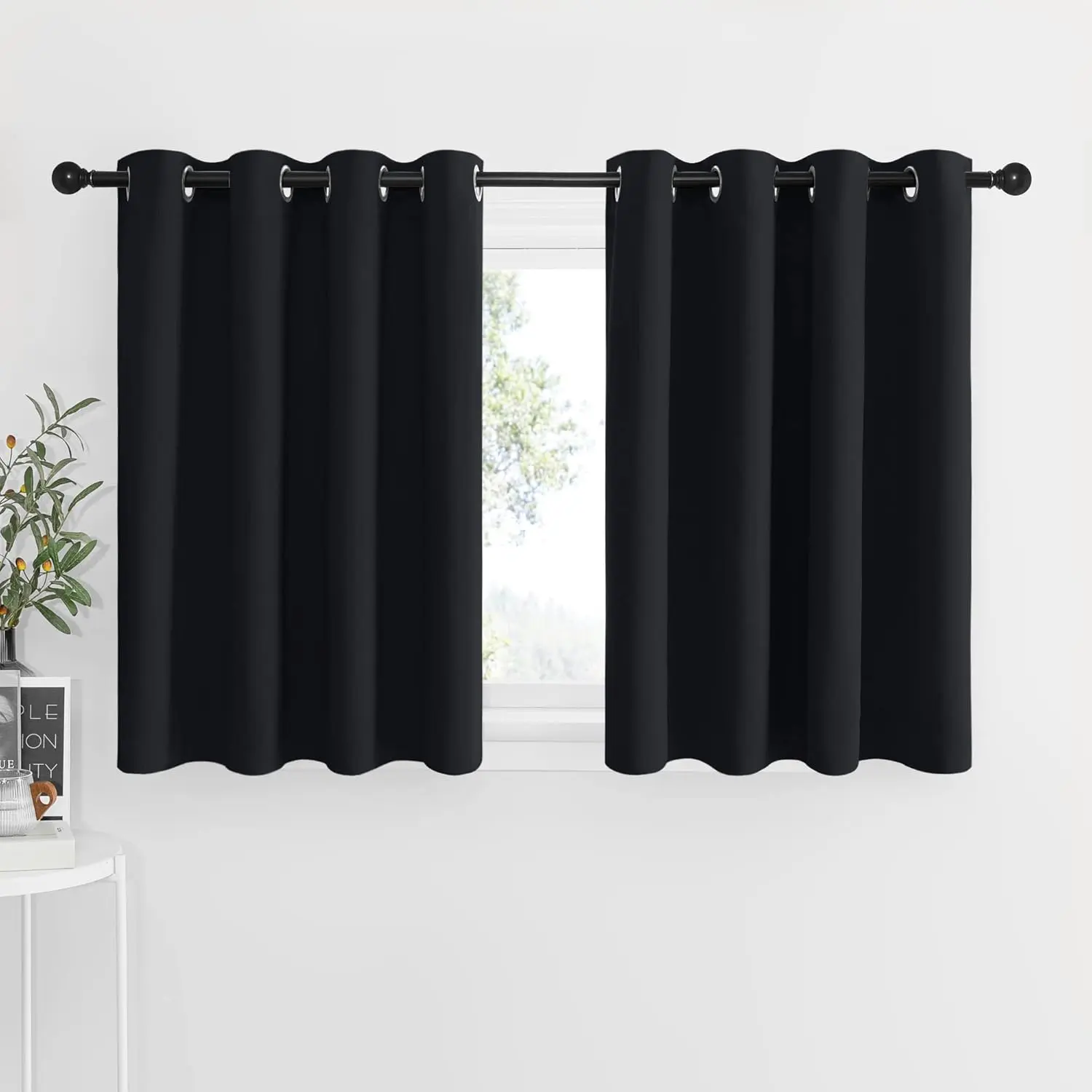 NICETOWN Kitchen Curtains for Small Window 2 Panels, W52 x L36 in - Short Blackout Curtains for Cafe Bar, Halloween Decor, Thermal Insulated Black Draperies for Bathroom Privacy, Basement