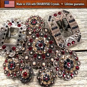 Copper Ruby - Jet - Champagne Crystal Conchos | Sizes 1"- 3" | Buckles | Saddle Set | Leather Rosettes | Slide