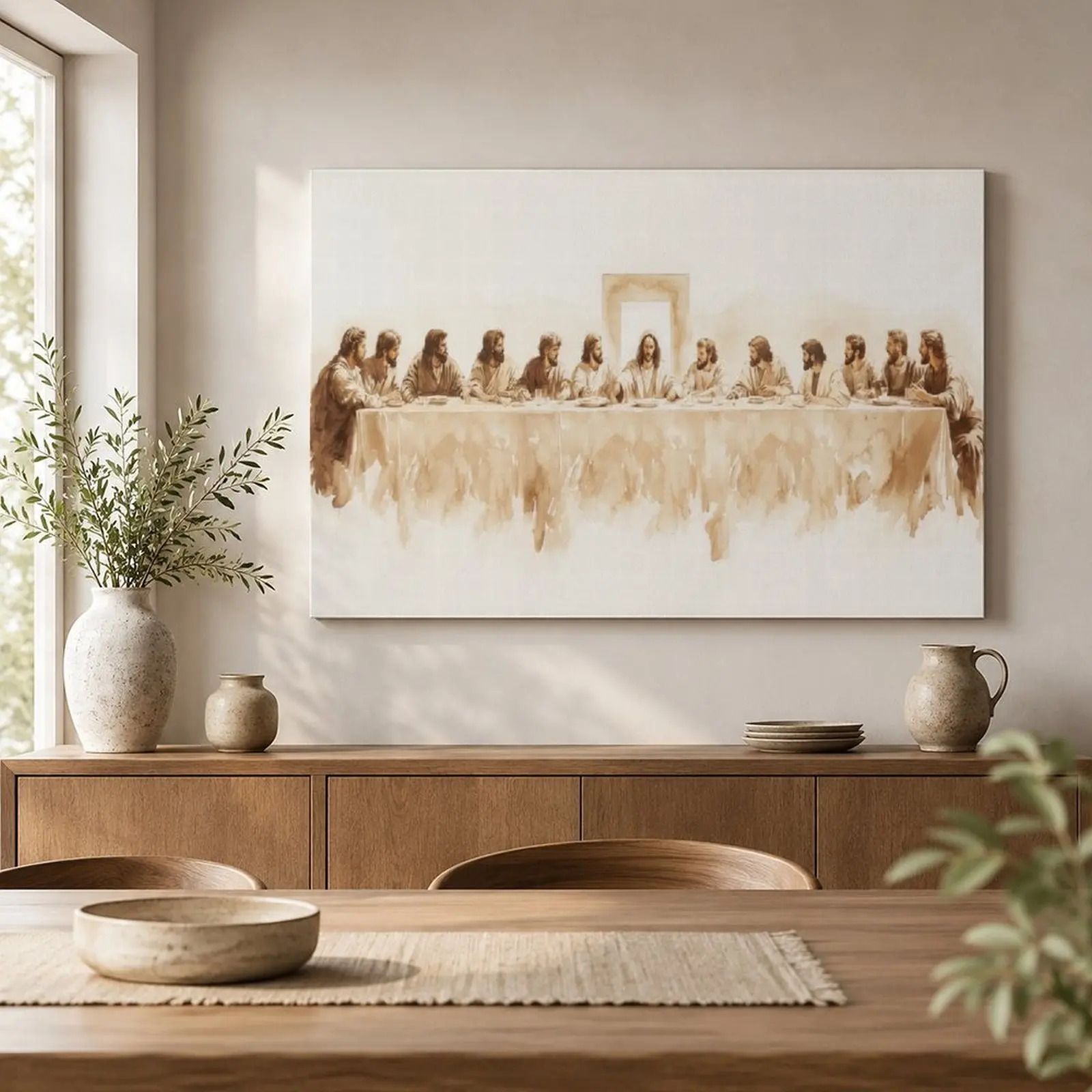 The Last Supper Neutral Sepia Watercolor Canvas Wall Art, Jesus Christ and 12 Disciples Vintage Bible Scene Painting, Minimalist Boho Christian Religious Art Print, Farmhouse Dining Room Neutral Home Decor, Unframed Religious Faith Wall Art Poster