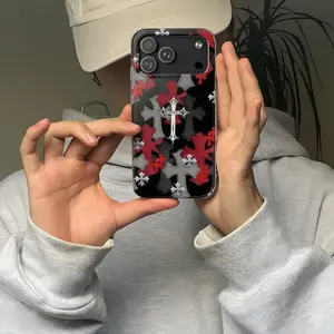 3D Chrome Hearts Cross Cover Black & Red Chrome Heart Phone Case for iPhone