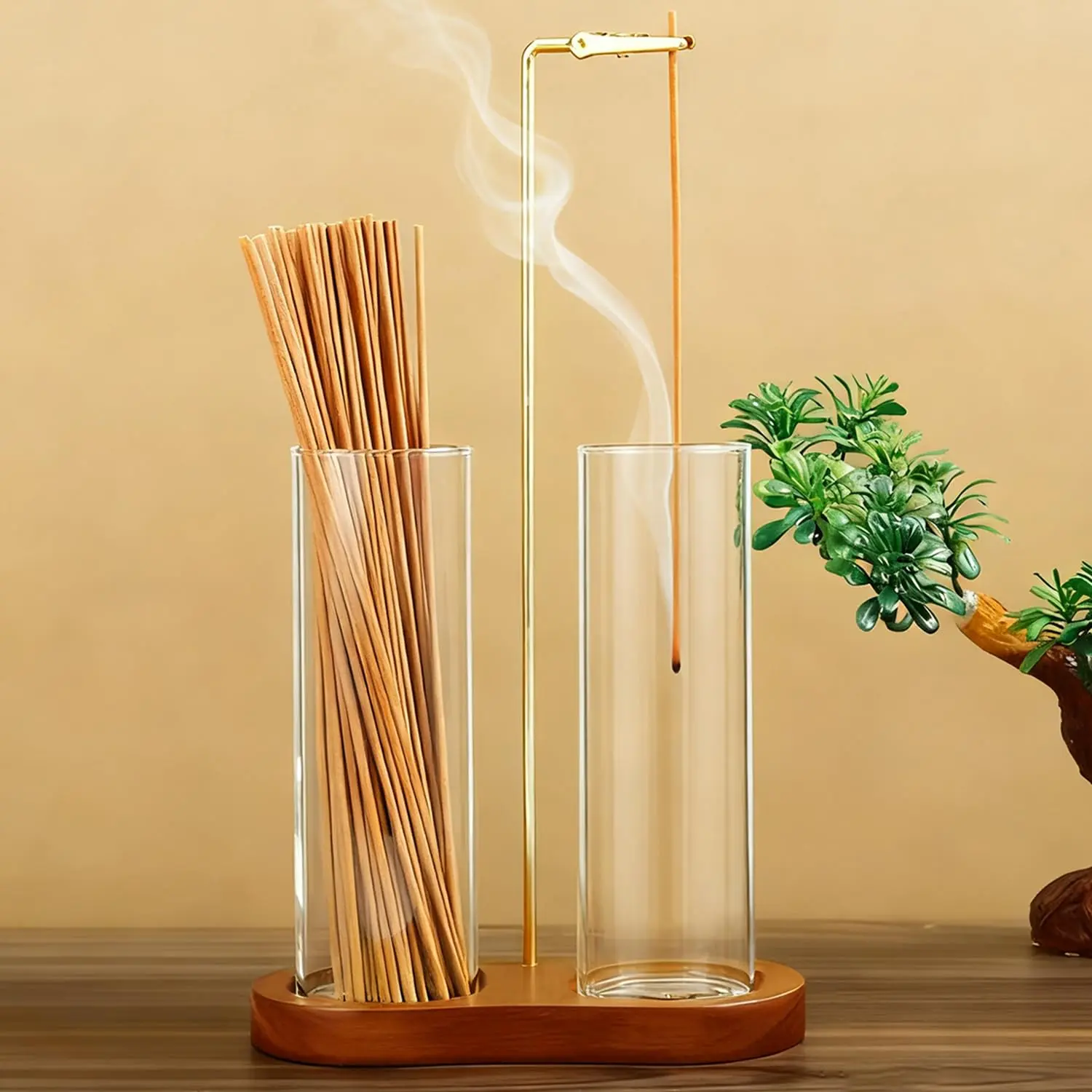 2-in-1 Natural Wood Aroma Scent Incense Stick Holder - Boxed Single Unit Home Fragrance Accessory with Glass Ash Catcher, Stick Storage, 3D Shape Yoga Meditation Zen Decor, Spa Gift for Women