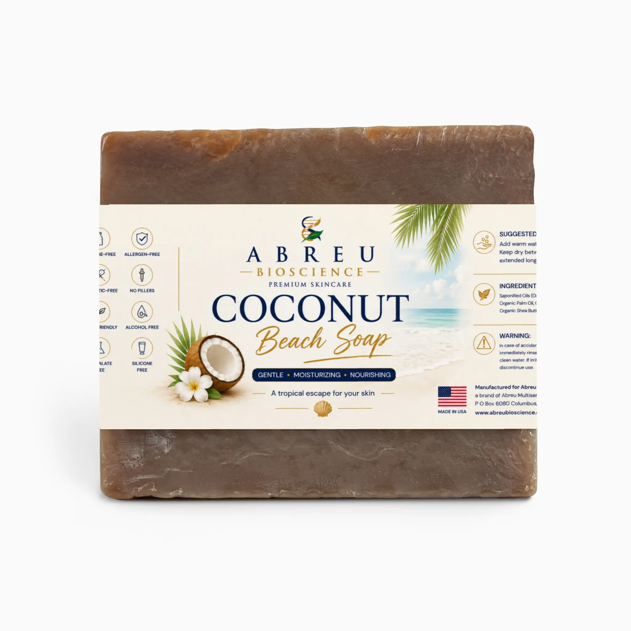 Abreu BioScience Coconut Beach Soap | Tropical Hydration | Sensitive Skin Formula