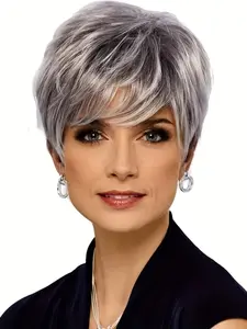 Elegant Women'S Short Pixie Cut Wig, Pixie Wigs, Mixed Black Gray Roots, Fluffy Soft High-Temperature Fiber, Heat Resistant Synthetic Hair, Loose Curly Style with Rose Net Cap, Stylist Friendly Wig, Suitable for Daily and Party Us