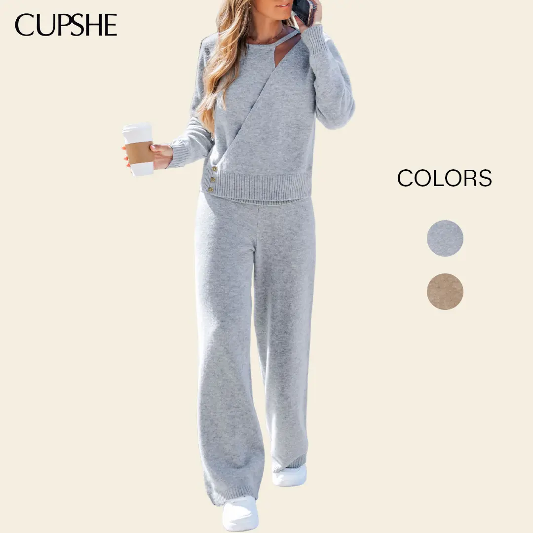 CUPSHE Women's Casual Knit Lounge Set Round Neck Sweater Loose Fit Wool Blend Pants for Fall Items Sold Separately, Basic, Longsleeves, Cozy Sweater, Minimalist, Sweater Grey, Hand Wash