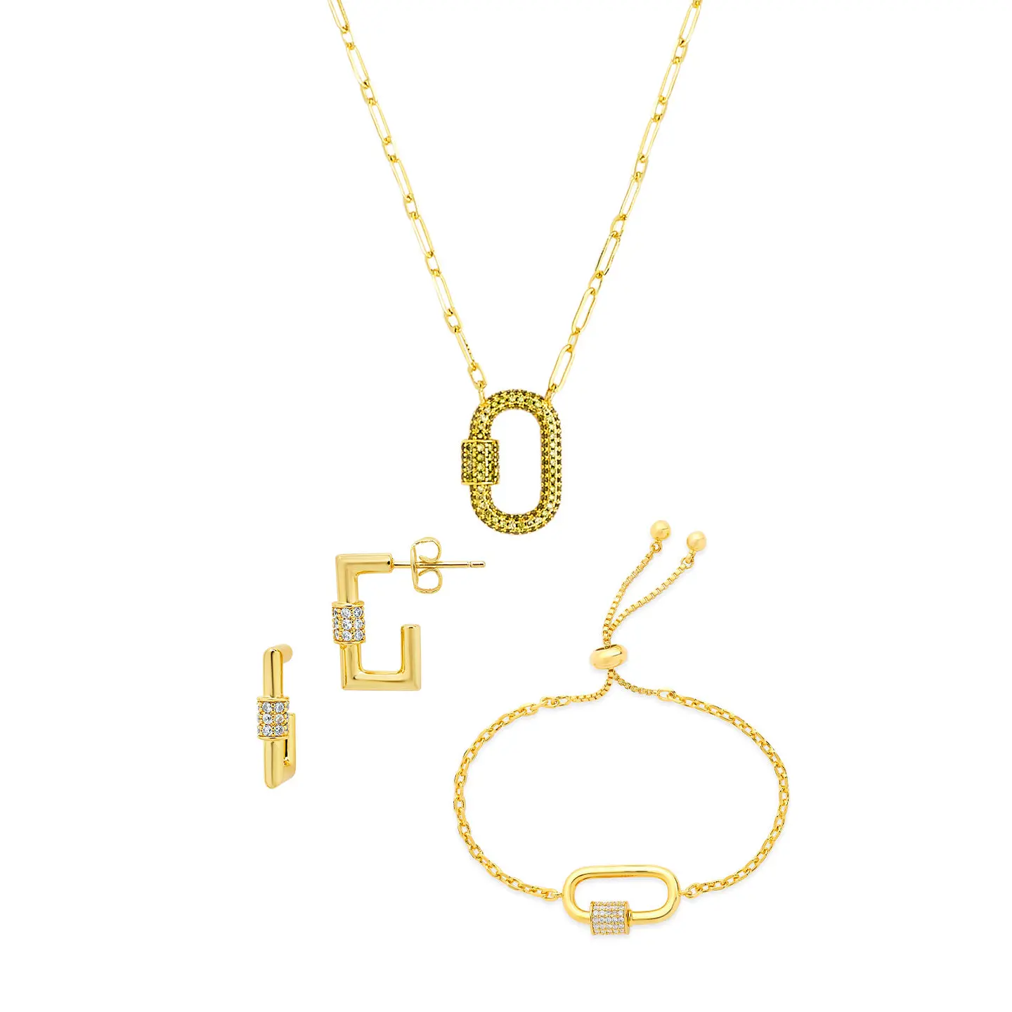 Women's Pave CZ Carabiner Lock Necklace Accessory Set, Silver Jewelry Gift Set for Women, Jewellery Gift Set
