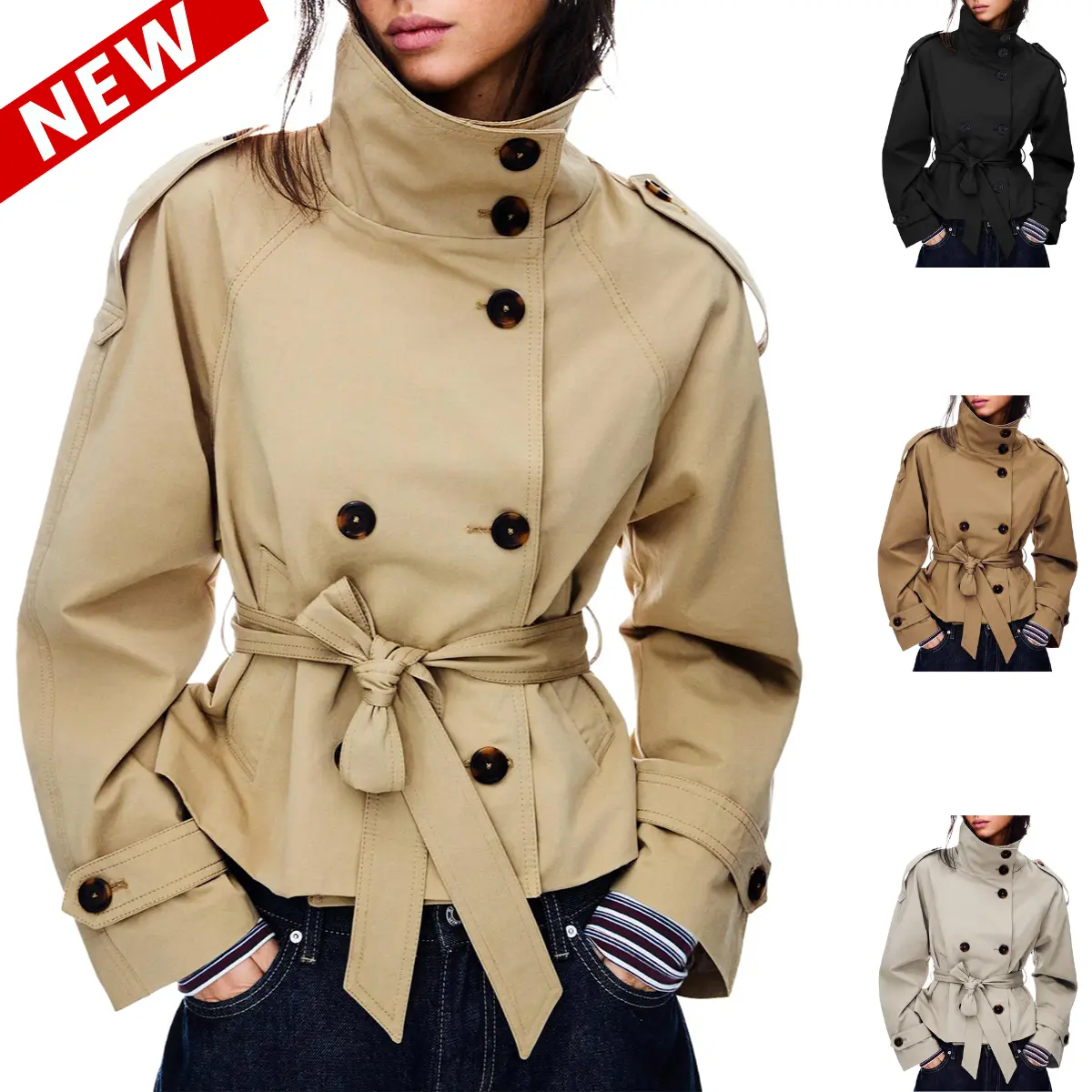 Yeokou Women's Cropped Double-Breasted Trench Coat, High-Collar Long-Sleeve Fitted Casual Jacket with Belt, Fall Winter Tops Full-Sleeve Outerwear, Full Sleeves