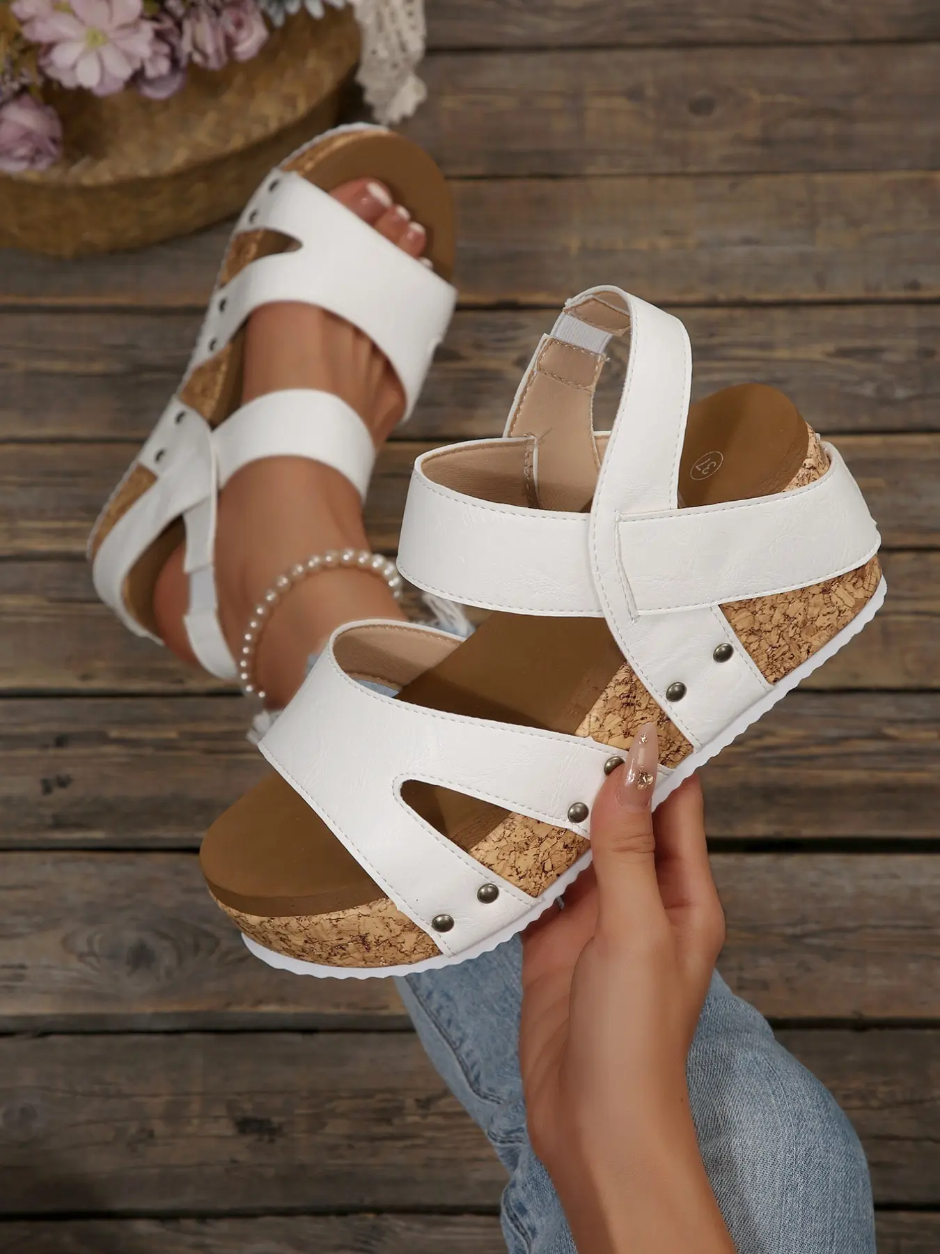 2026 Summer New Outdoor Beach Women's Rivet Soft Wedge Sandals, Comfy Strappy Sandals, Strappy Summer Sandals, Casual Sandals, Daily Wear Sandals, Crisscross Strap Sandals, Vintage Hollow Out Roman Shoes, Comfortable PU Material, Anti-Slip Sole