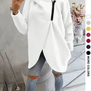 Women's Plus Size Hooded Sweatshirt, Full Zip Fashion Design, Asymmetrical Hem, Breathable Thick Fleece, Loose Fit Long Sleeve Pullover, Fleece Hoodie