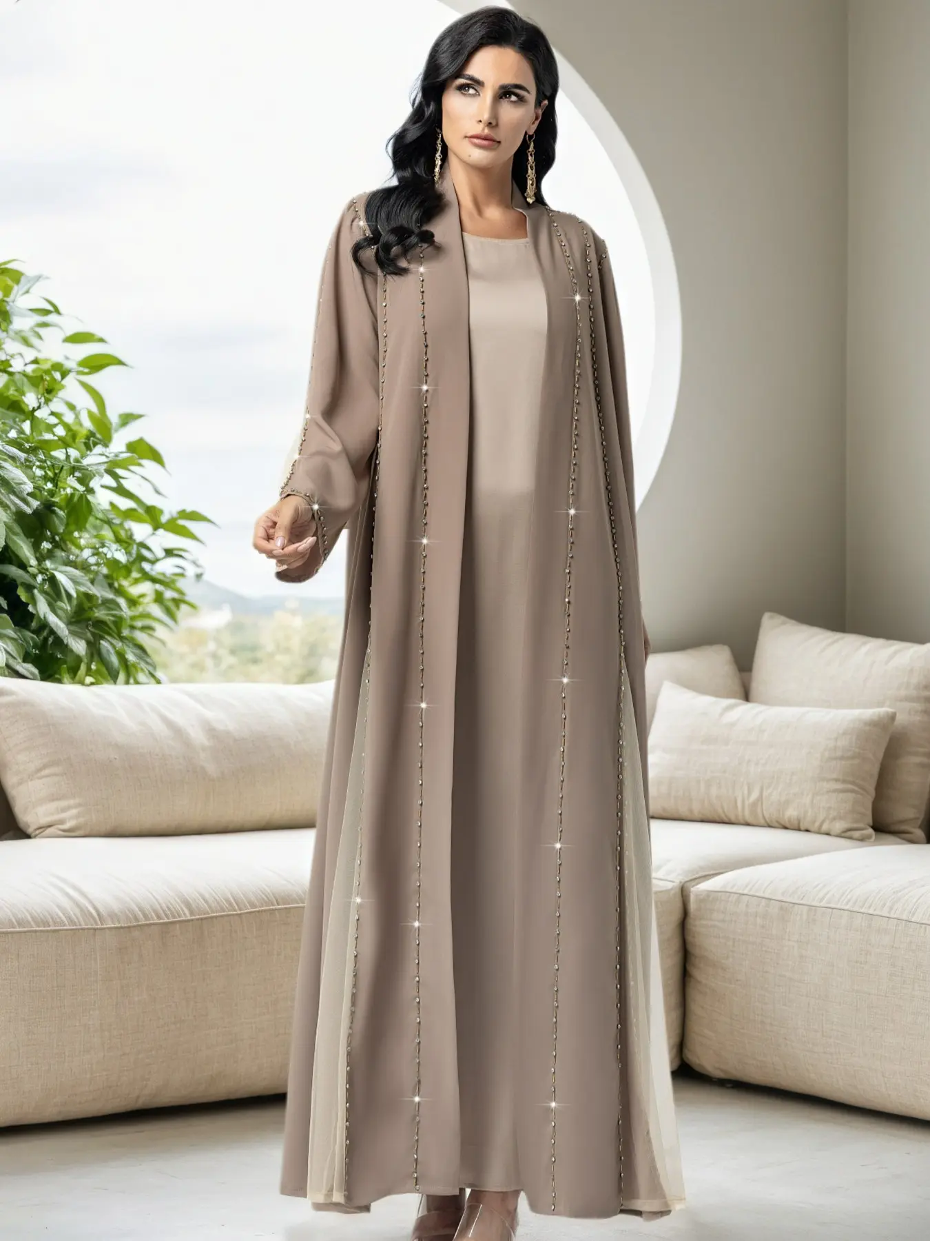 5021 Multicolor Rhinestone Open Abaya Outerwear, Embellished Open Abaya, Long Sleeve Mesh Robe, Hand-Embroidered Water Drills, Party Festival