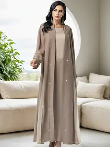 Multicolor Beaded Islamic Abaya Outerwear, Sheer Sleeve Hijab, Handmade Rhinestones, Party Holiday, Eid Mubarak Fashion