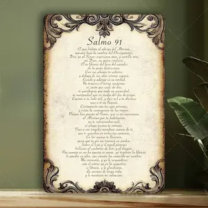 Vintage Spanish Psalm 91 Metal Wall Sign - 12x8in Lightweight Tin Aluminium Flat 2D Plaque with Ornate Frame, Hispanic-Inspired Home Signs for Home Prayer Room Decor