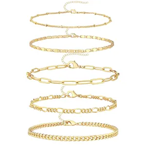 5 Pack Bracelets for Women 14K Gold Plated Link Chain Bracelets for Women Trendy Gold Stackable Bracelets for Jewelry Gifts Women Adjustable 7"+2"