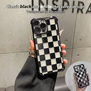 Black checkered four-corner drop-proof TPU phone case for iPhone  17 Air 16Pro Max 15 14Plus 13 12 11 XR XS Simple and stylish camera protection Shockproof Anti-Drop Shockproof Drop Protection Durable Phone Case