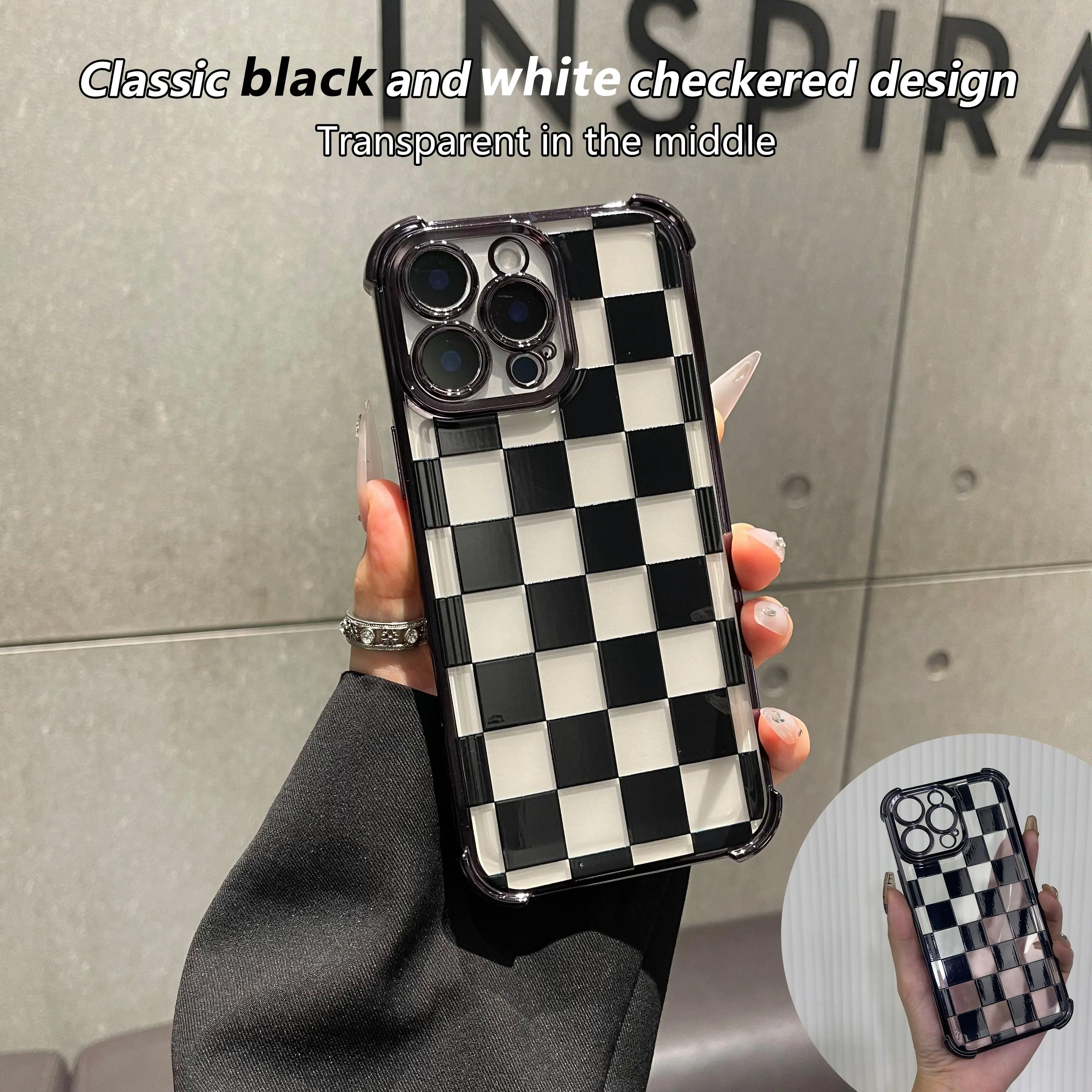 Black checkered four-corner drop-proof TPU phone case for iPhone Samsung Galaxy 17 Air 16Pro Max 15 14Plus 13 12 11 XR XS S26Ultra S25 S24 S23  Simple and stylish camera protection Shockproof Anti-Drop Shockproof Drop Protection Durable Phone Case.HY13