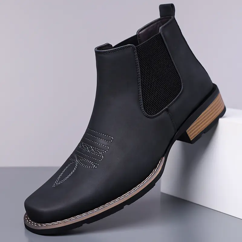 Luxury Embroidered Cowboy Boots, Slip-On Design, Matte Leather Non-Slip Wear-Resistant Men's Footwear